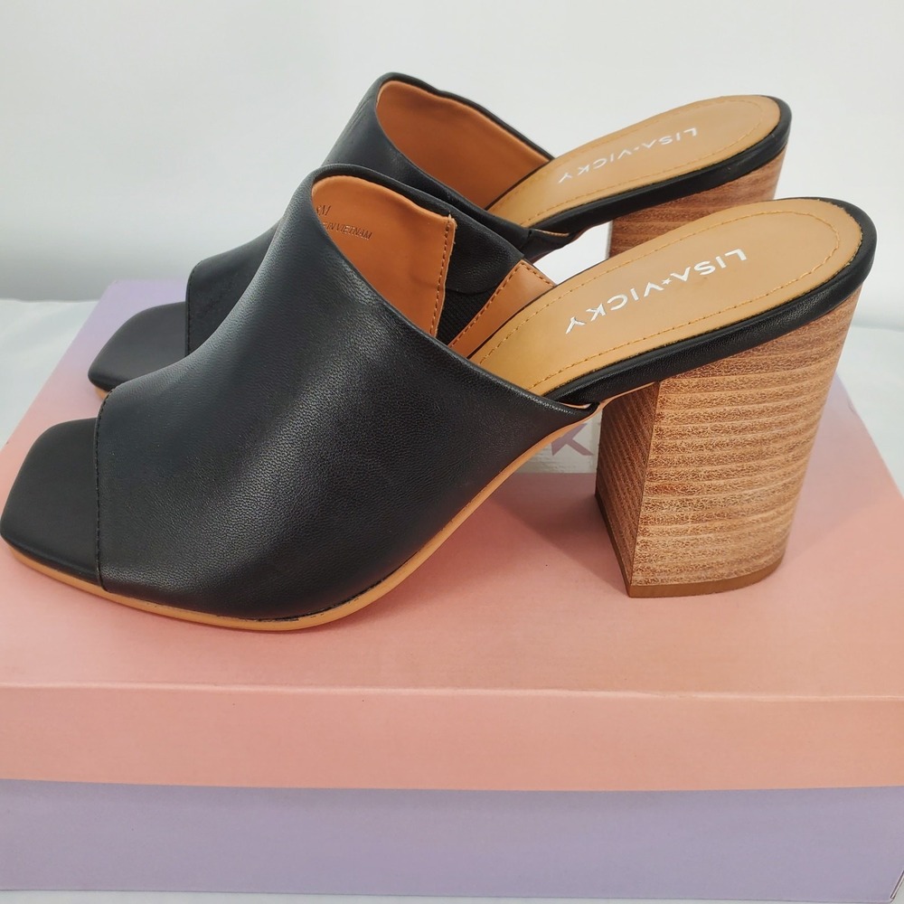 Lisa Vicky Virtue V Black Leather Block Heel Mules Square Toe Sandals Womens 7 M - Picture 5 of 8